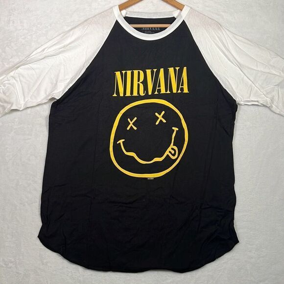 Nirvana Smiley‎ face concert release Raglan long hem cotton T-shirt NWOT Men XL - Picture 1 of 7